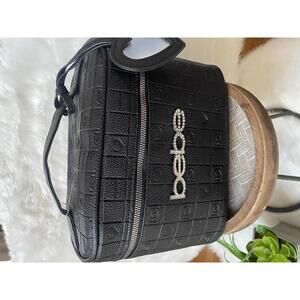 bebe Black Textured Cosmetic Bag with Heart Charm